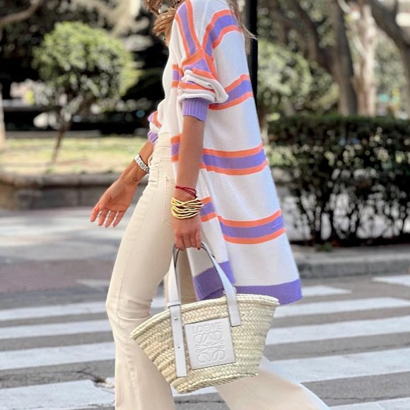 Ivory Lavender Striped Long Sleeve Ribbed Trim Button Cardigan Pastel Sweater - Picture 2 of 11